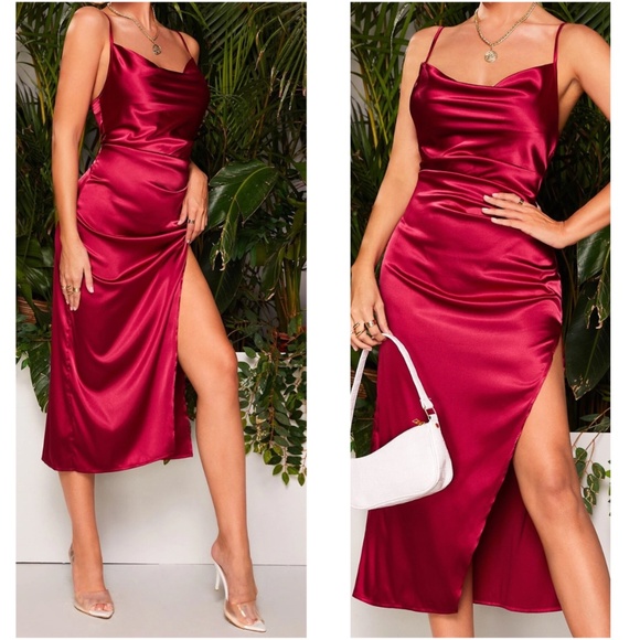 Luxe Satin Fitted Cami Party Evening Midi Dress - Picture 9 of 9